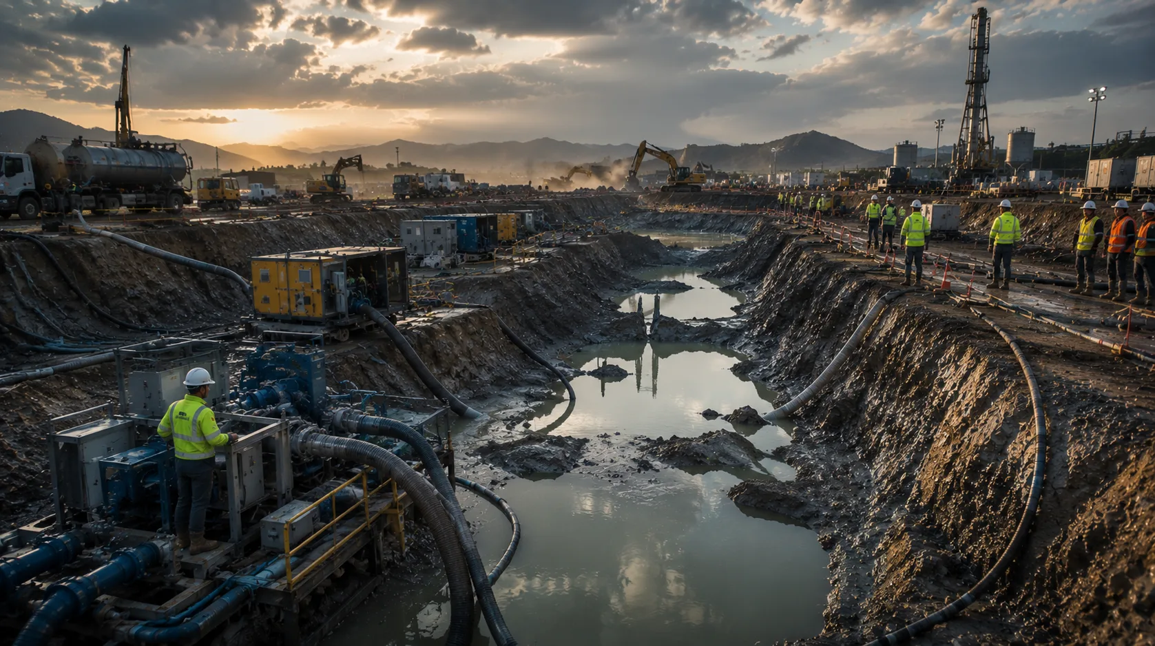 Dewatering pumps and hoses removing water from a construction excavation.