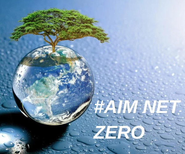 Globe with a tree above water droplets and AIM NET ZERO text