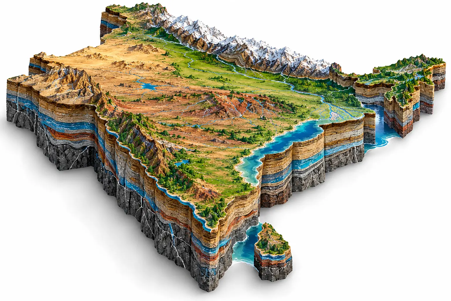 Illustration of India's terrain and underground geological layers