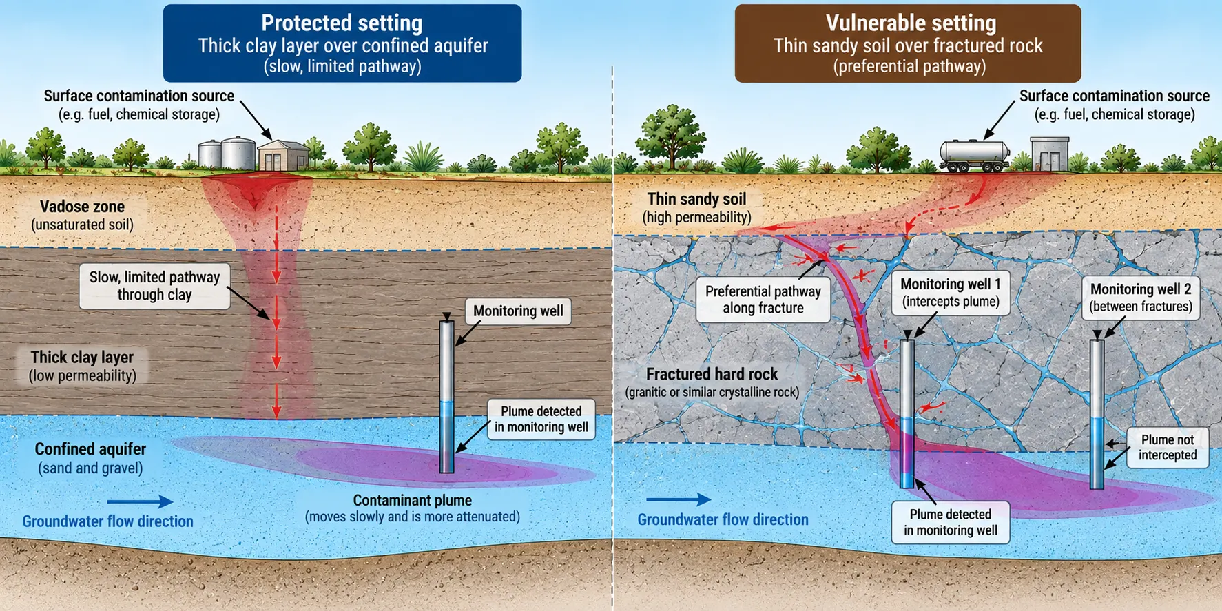 Cross-section showing contamination moving slowly through clay on one side and along a fracture on the other, with one monitoring well intercepting the plume and one missing it.