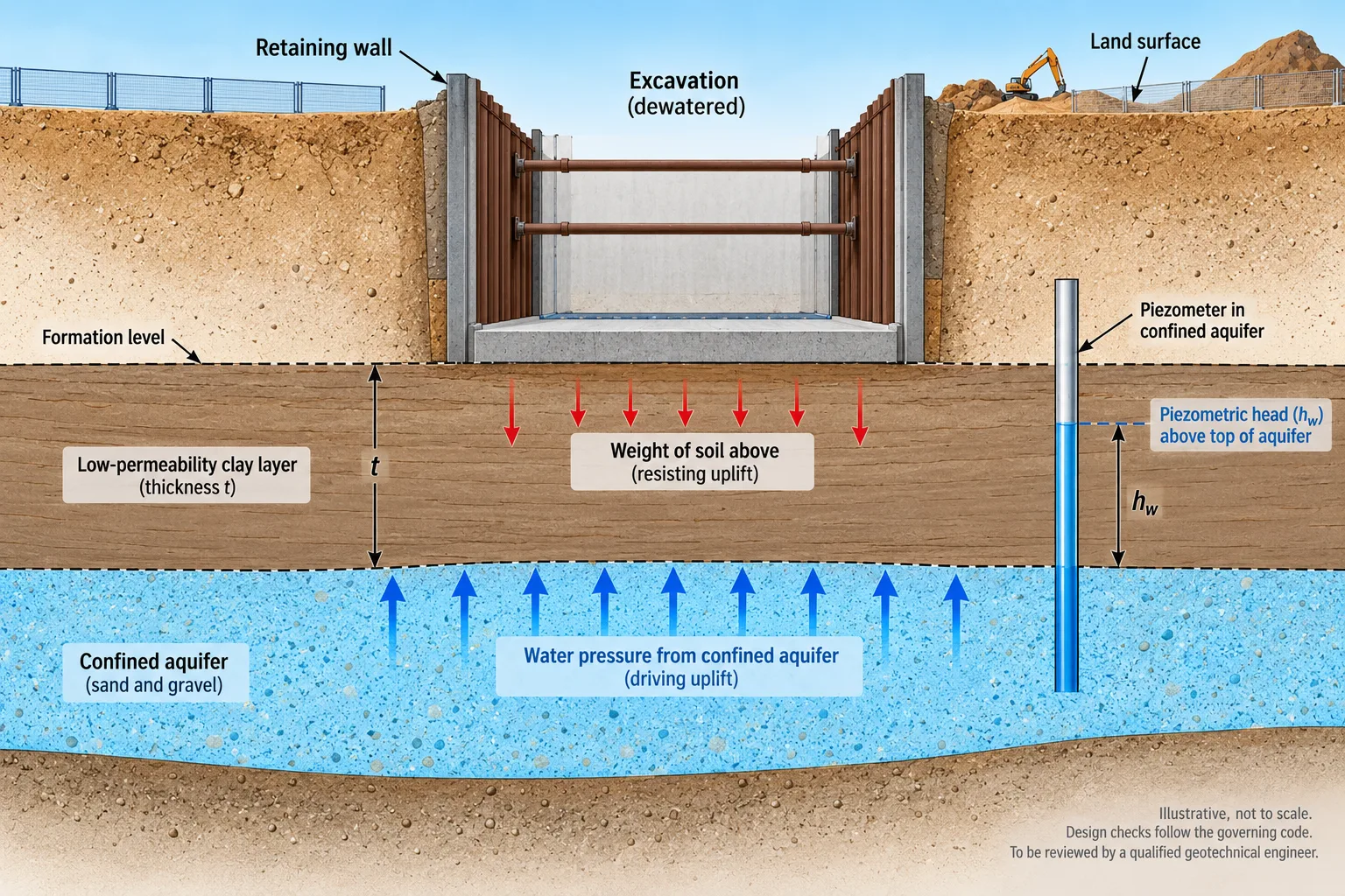 Cross-section of a deep excavation above a clay layer and a confined sand layer, with upward water pressure opposing the downward weight of the clay.