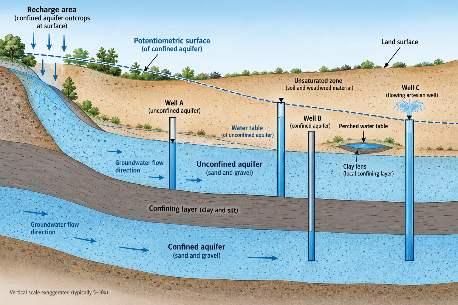 Cross-section showing an unconfined sand aquifer above a clay layer and a confined sand aquifer below, where well water rises to a potentiometric surface above the aquifer top.