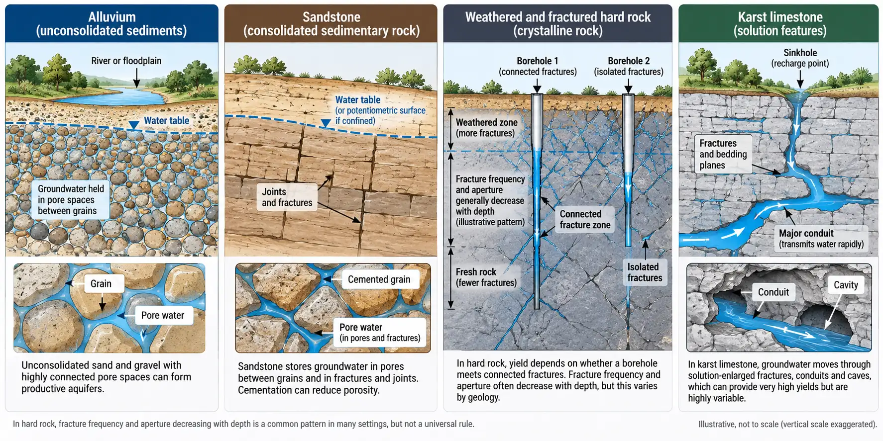 Four panels comparing groundwater storage in alluvium, sandstone, weathered and fractured hard rock, and karst limestone, including two boreholes in hard rock meeting different fracture conditions.